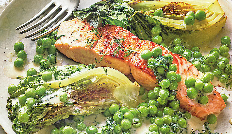 Pan Fried Salmon with Baby Gem & Peas