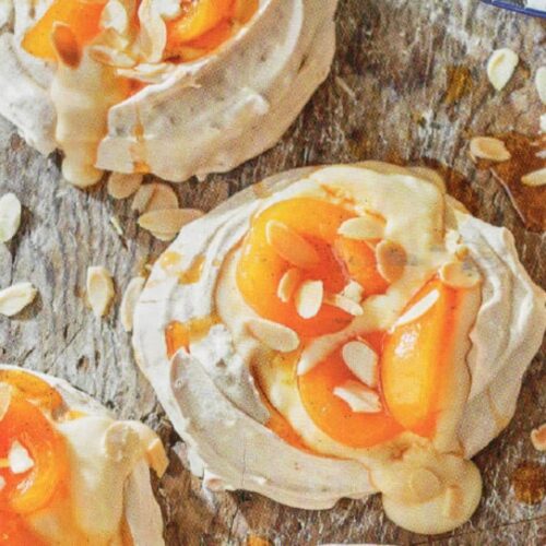 Pavlovas with Apricots in Caramel Sauce