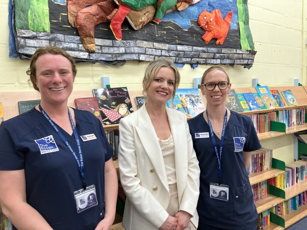 Left to Right Dental Nurse Hannah Nurse, Headteacher Mrs Rowe, Practice Manager Kayleigh Gleed