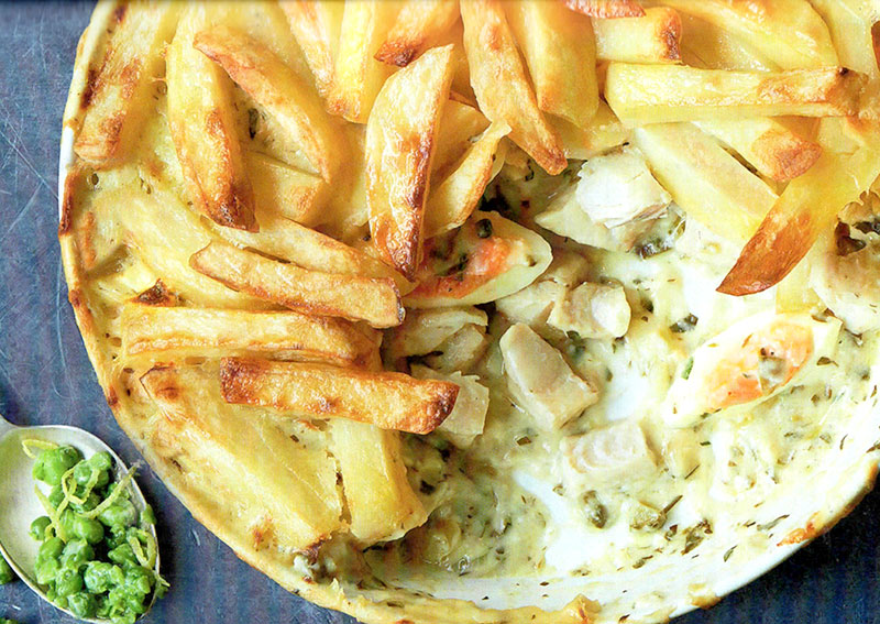Fish and Chip Pie with Mashed Peas